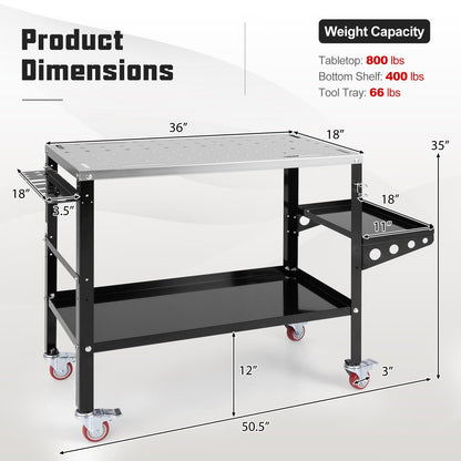 ERGOMASTER Rolling Welding Table, 36'' x 18'' Welding Table Top, 1200LBS Steel Welding Workbench Table with Wheels, 5/8’’ Holes, 8 Tool Slots, 2 Nozzle Holders, Welding Cart for Welding Sawin - WoodArtSupply