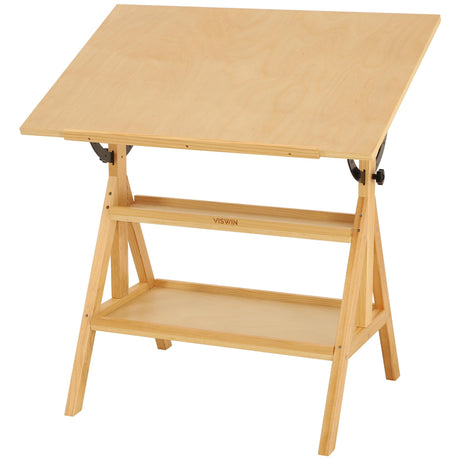 VISWIN Wood Drafting Table for Adults, Drawing Table with Adjustable Angle & 2-Tier Storage Racks for Art Studio, Solid Pine Wood Artist Desk for Drawing, Drafting, Writing, Reading, Sketching VISWIN