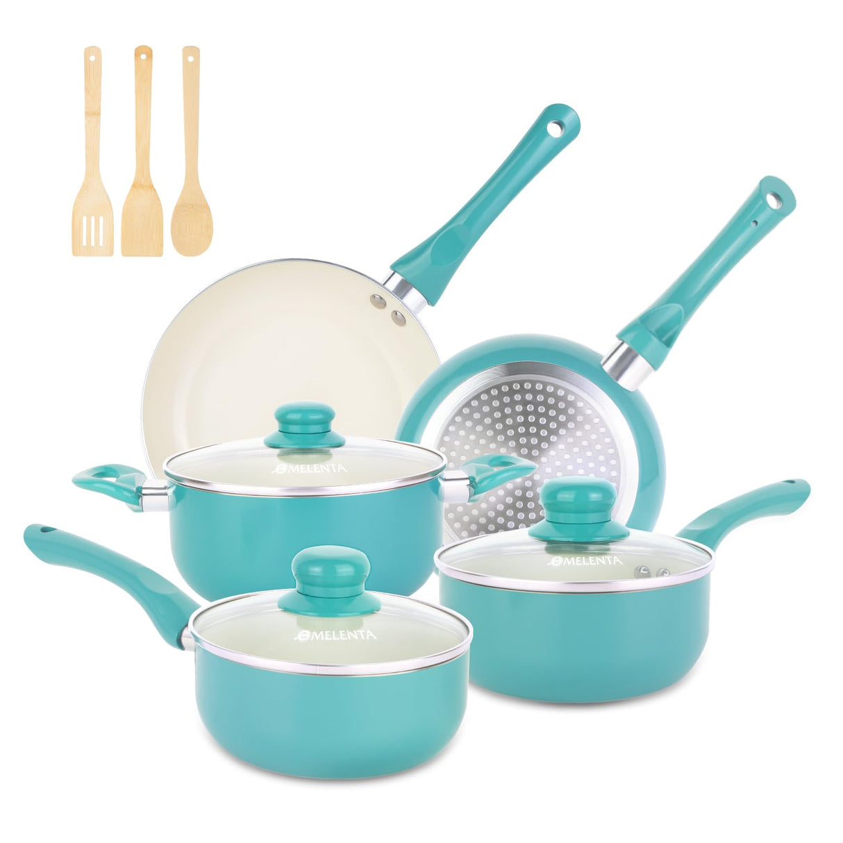M MELENTA Pots and Pans Set Nonstick, 11pcs Kitchen Cookware Sets Induction Cookware, Ceramic Non Stick Cooking Set, Stay Cool Handle & Bamboo Kitchen Utensils, 100% PFOA Free, Turquoise M MELENTA