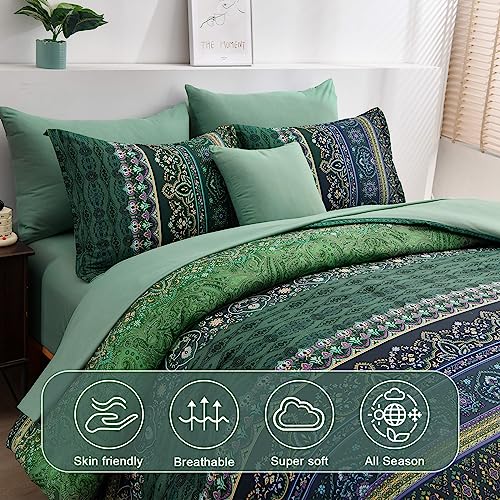 Boho Green Comforter Set Queen Size,8 Piece Bed in a Bag Bohemian Striped Bedding Quilt Set,Dark green Paisley Floral Comforter and Sheet Set,Soft Microfiber Complete Bedding Sets for All Season Cottolester
