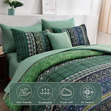 Boho Green Comforter Set Queen Size,8 Piece Bed in a Bag Bohemian Striped Bedding Quilt Set,Dark green Paisley Floral Comforter and Sheet Set,Soft Microfiber Complete Bedding Sets for All Season Cottolester