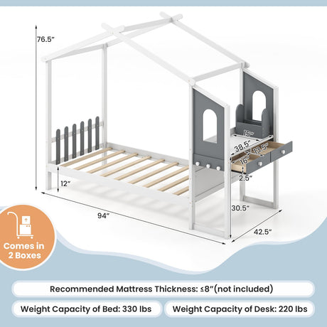 KOMFOTT Twin House Bed with Desk, Wood Montessori Bed Frame with House Roof Canopy, 2 Drawers, Modern Playhouse Bed with Fence for Kids, Teens, Girls & Boys, No Box Spring Needed, White & Gray KOMFOTT