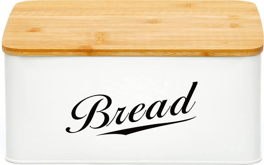 RoyalHouse Modern Metal Bread Box with Bamboo Cutting Board Lid, Bread Storage Container for Kitchen Counter, Vintage Kitchen Decor Organizer - WoodArtSupply