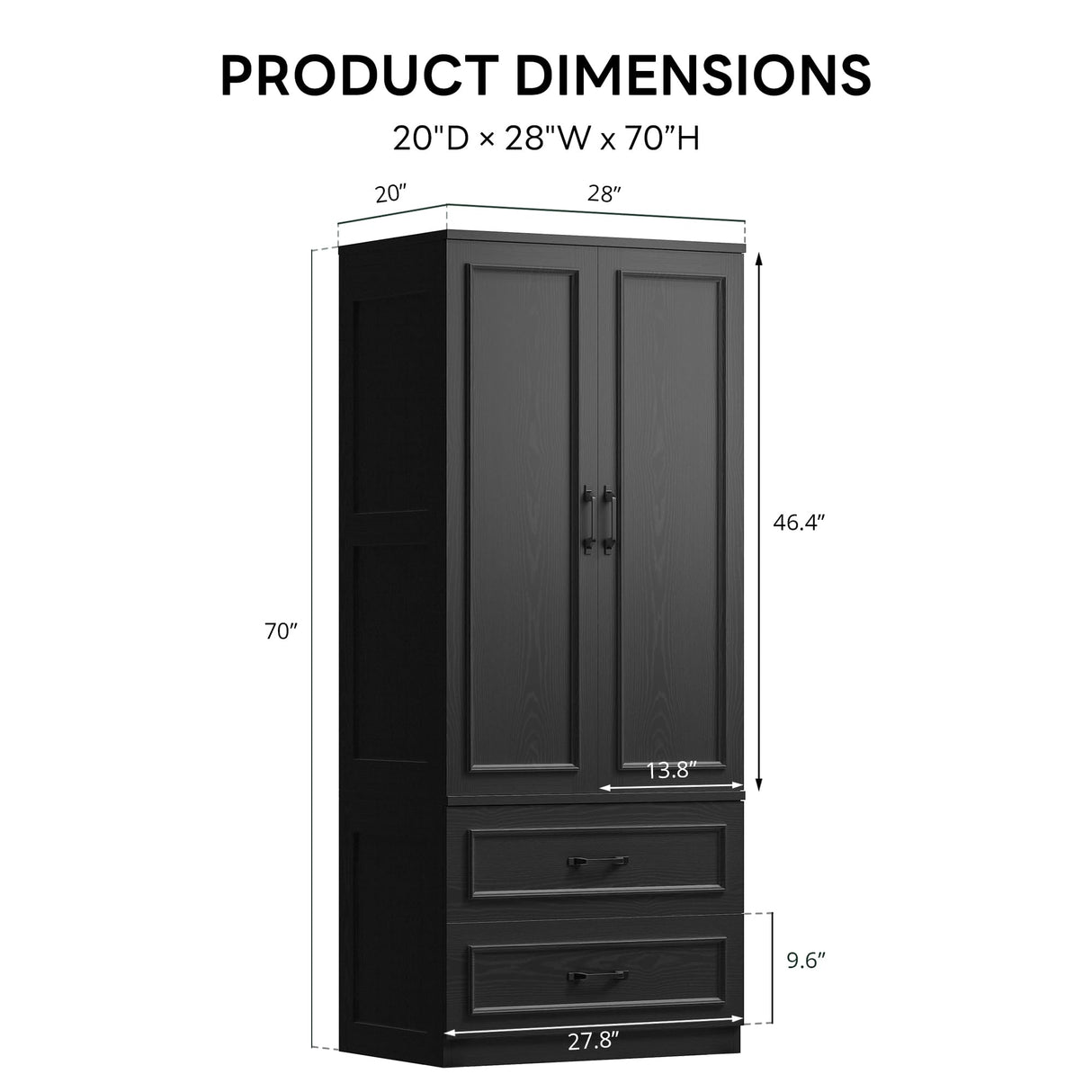 LIKIMIO Armoire Wardrobe Closet with 2 Doors and 2 Drawers 70" H x 28" W Wooden Bedroom Freestanding Wardrobe Combination for Hanging Clothes, Black LIKIMIO