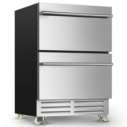 24 Inch Dual Drawer Fridge Under Counter, Stainless Steel Weather-Proof Design Outdoor Beverage Refrigerator for Patio, Freestanding or Built-In Installation, Ideal for Home and Commercial Use