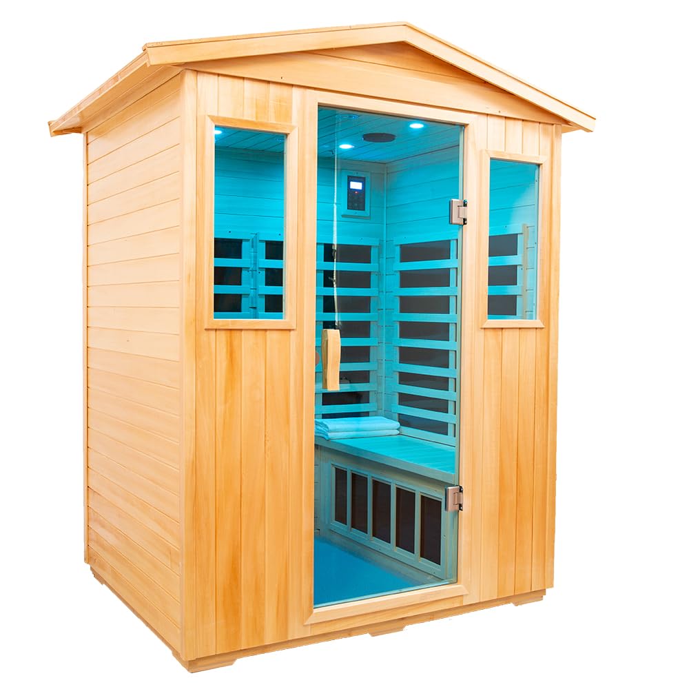 V ddhoger Outdoor Sauna 4 Person,Basswood Far Infrared Sauna,2050W Low EMF Sauna,12 Low EMF Boards,Chromotherapy,Bluetooth Speaker V ddhoger