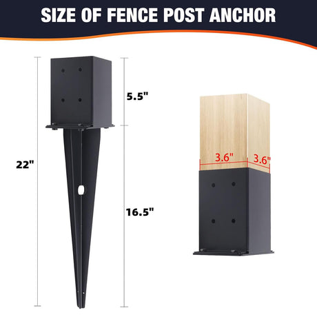 4 Pcs 4"x4" Fence Post Anchor,（Inner Size 3.6"x3.6"） Heavy Duty Fence Post Anchor Ground Spike 22" with Black Powder-Coated Outdoor Support Deck,Fence,Porch,Railing,Mailbox.. XIHUWZ