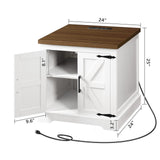 MAHANCRIS Farmhouse Nightstand with Charging Station, 24" Large End Table with Barn Door and Adjustable Storage Shelf, Square White Nightstand, Rustic Bedside Table for Bedroom, Living Room MAHANCRIS