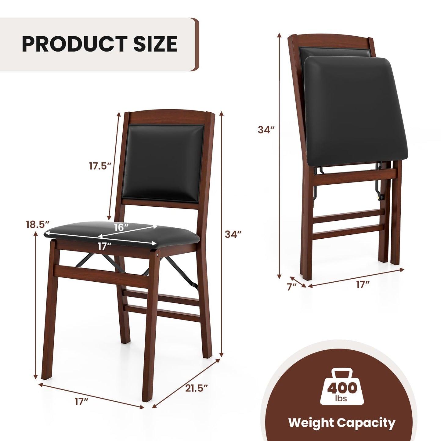 Giantex Folding Dining Chairs Set of 2, Foldable Wood Kitchen Chairs with Padded Seat, Solid Wood Frame, Max Load 400 Lbs, No Assembly Easy to Store Wooden Dining Chairs for Apartment, Small  - WoodArtSupply