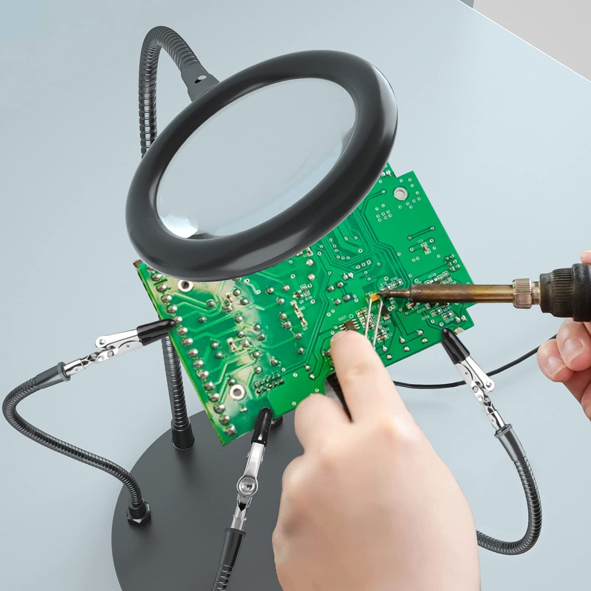 XYK Helping Hands Soldering Station with 3X Magnifying Glass with light, 4 Flexible Helping Hand Arms Magnifier and Third Hand Soldering Tool for Electronic Repair Soldering Jewelry Crafts XYK
