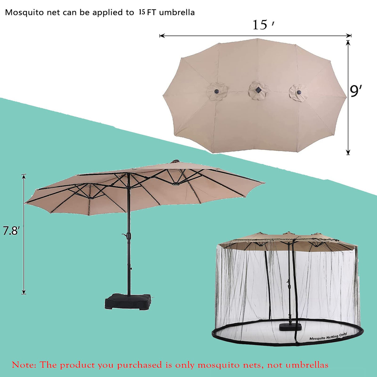 Mosquito Neting for 15FT Double-Sided Patio Umbrella Sunbrella Neting Double Zipper Water Pipe Bottom Used and for Patio Gazebo pop up canopy10x10 Interchangeable (Black 15ft) Tiimmgaal