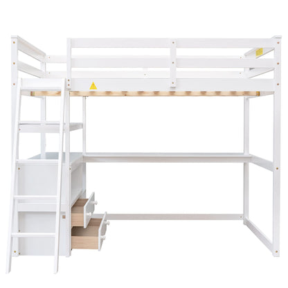 Harper & Bright Designs White Full Size Loft Bed with Desk, Shelves and Two Drawers for Kids and Teens - WoodArtSupply