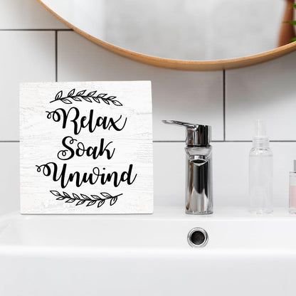 Funny Farmhouse Bathroom Decor for Shelves Relax Soak Unwind Wood Sign 5 X 5 inch Bathroom Accessories Decor Bathroom Toilet Wall Shelf Counter Restroom Home Decor for Her Him