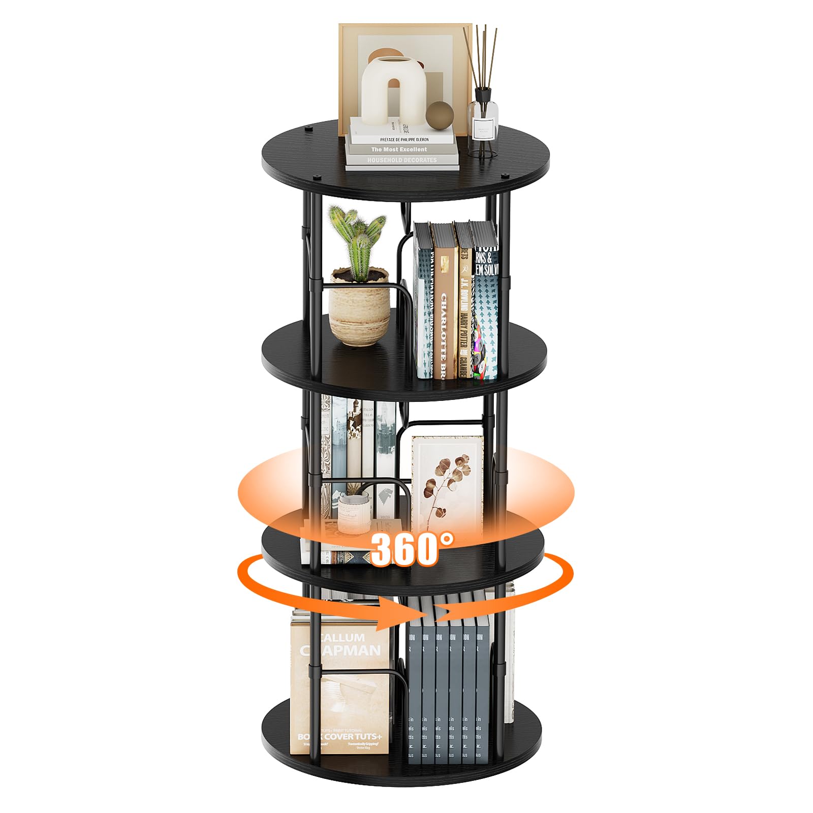 ALLSTAND 3-Tier 360° Rotating Bookshelf – Stylish Black Revolving Storage Organizer for Home & Small Spaces - WoodArtSupply