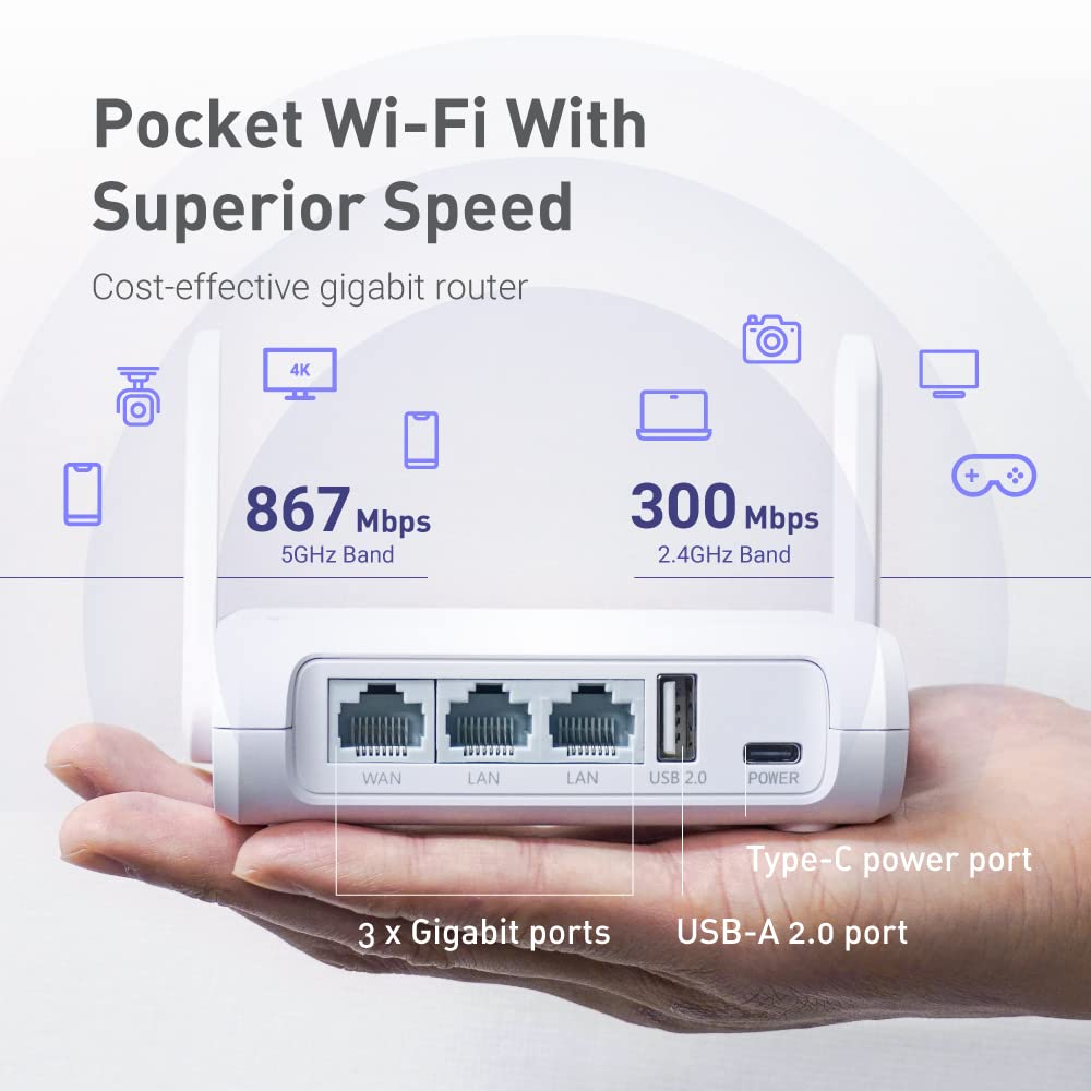 GL.iNet GL-SFT1200 (Opal) Secure Travel WiFi Router, AC1200 Dual Band Gigabit Ethernet Wireless Network, IPv6 USB 2.0 MU-MIMO DDR3, 128MB Ram Repeater Bridge Access Point Mode, Router for Public Use GL.iNet