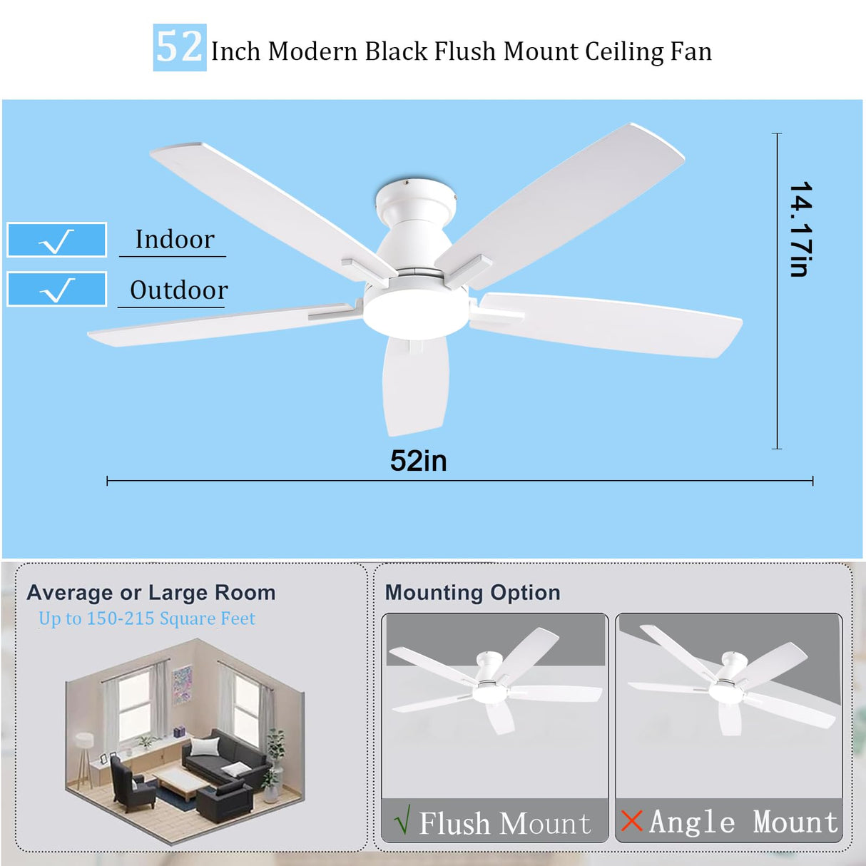NKPU 52 Inch White Modern Ceiling Fans with Lights, Low Profile Ceiling Fan and Remote Control, DC Reversible Motor, Dimmable LED Ceiling Fans for Bedroom,Indoor/Outdoor Patio Use NKPU