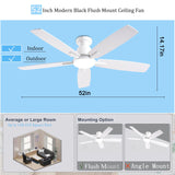 NKPU 52 Inch White Modern Ceiling Fans with Lights, Low Profile Ceiling Fan and Remote Control, DC Reversible Motor, Dimmable LED Ceiling Fans for Bedroom,Indoor/Outdoor Patio Use NKPU