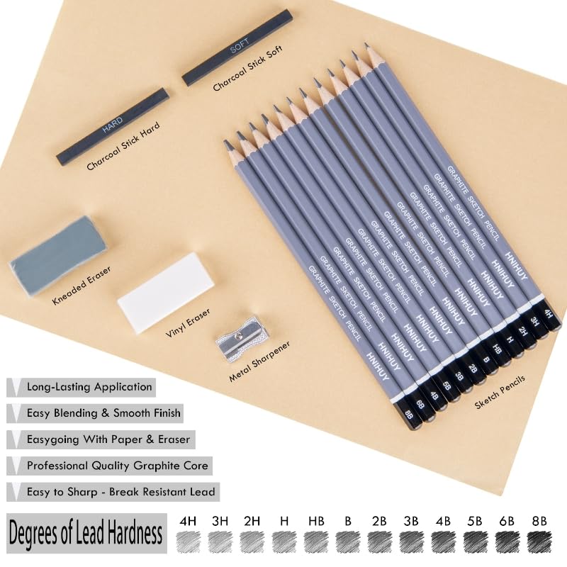 HNIHUY Professional Sketch Pencils Set, 17 Pcs, Graphite Pencils (8B-4H), Erasers and Sharpener, Art Drawing Pencil for Artists Beginner Sketching WoodArtSupply