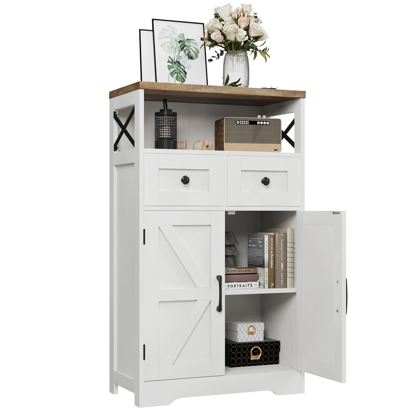 Befrases Farmhouse White Storage Cabinet with Doors and Drawers, Freestanding Kitchen Pantry Cabinet, Floor Storage Cabinet Hutch Cupboard for Kitchen/Laundry/Living Room/Bedroom