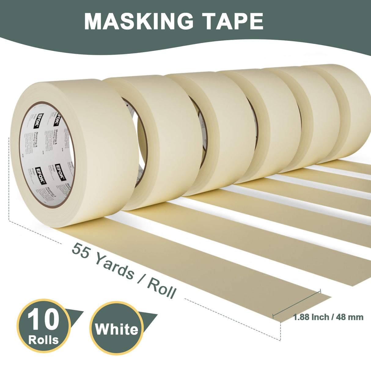 EFOK 10 Pack Masking Tape 2 Inch Wide Bulk, 2025 Upgrade White Painters Tape Anti-UV General Purpose, 1.88 Inch × 55 Yards Total 550 Yards EFOK