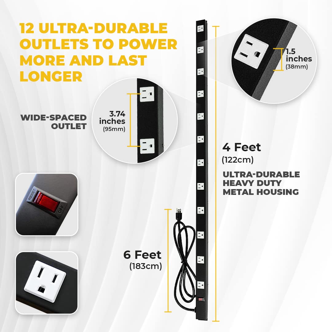 Opentron 12 Outlets 4 Feet Body Heavy Duty Metal Surge Protector Power Strip (4 Feet 12 Outlet 6 Feet Power Cord) opentron