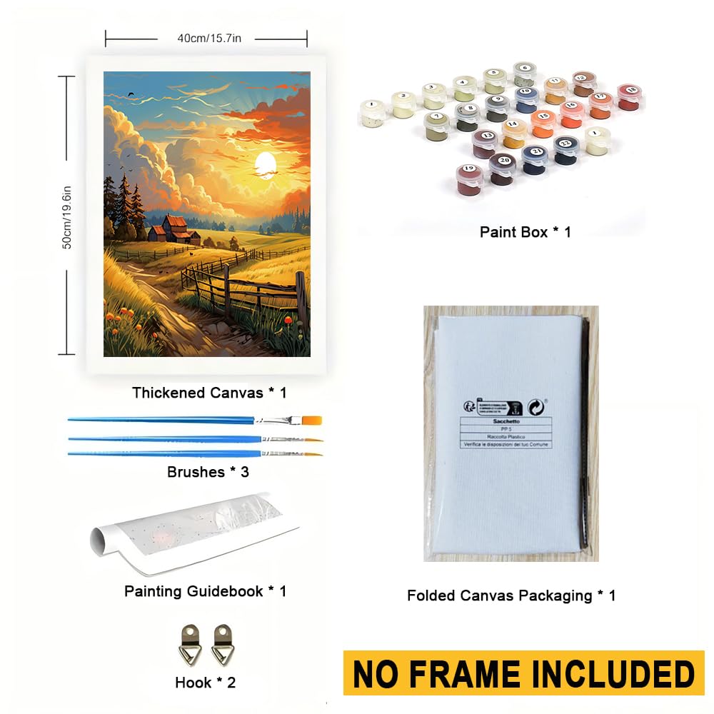 Sunset Farm Paint by Numbers Kit for Adults - DIY Landscape on Canvas 16x20 Inches, Adults' Paint-by-Number Kits Acrylic Paint Set, Suitable for Beginners, Scenic Art Kit for Home Decoration or Gifts DecorFriday