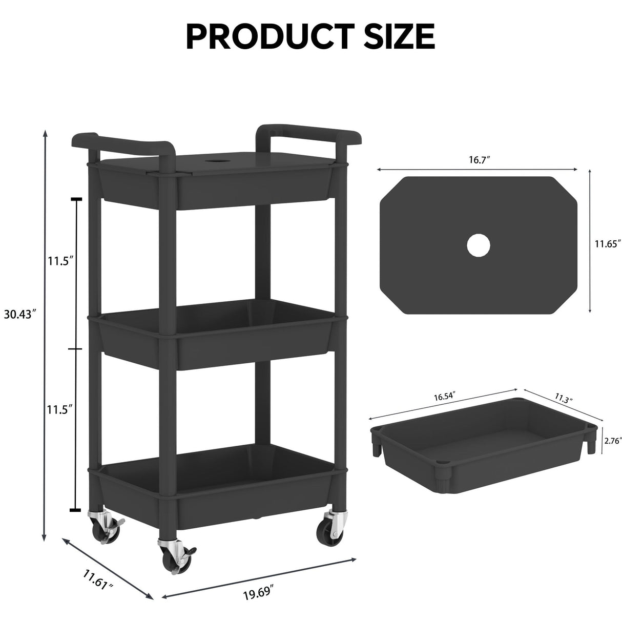 Steehoom 3-Tier Utility Rolling Cart with Cover Top Board, Mobile Utility Cart with Lockable Casters Multi-Functional Storage Trolley for Office, Bathroom, Kitchen, Garden, Laundry Room (Black) Steehoom
