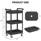 Steehoom 3-Tier Utility Rolling Cart with Cover Top Board, Mobile Utility Cart with Lockable Casters Multi-Functional Storage Trolley for Office, Bathroom, Kitchen, Garden, Laundry Room (Black) Steehoom