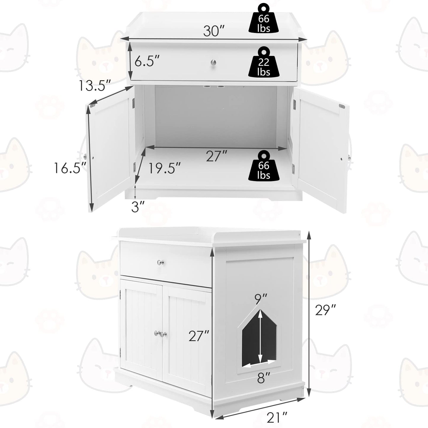 PETSITE Cat Litter Box Enclosure, Large Cat Washroom End Table with Drawer & 2 Doors, Wooden Cat House Storage Cabinet, Hidden Litter Box Furniture, White