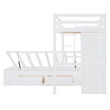 Merax Twin Bunk Bed with Drawers, Wood Twin Over Twin Bunk Bed with Wardrobe, Storage Shelves and Hydraulic Bed, White Merax