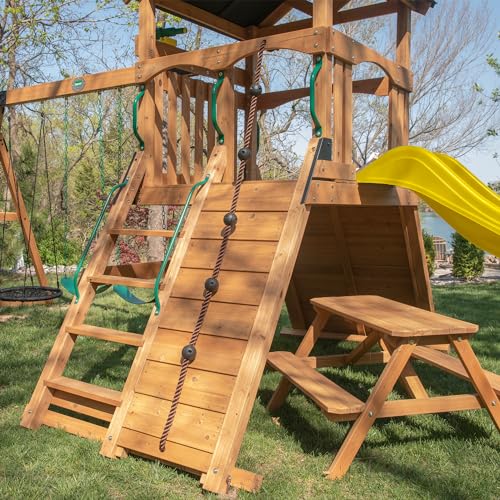 Backyard Discovery Endeavor II All Cedar Wood Swing Set Playset for Backyard with Yellow Wave Slide Climbing Wall with Rope Picnic Table Double Wide Rock Wall 2 Belt Swings and 1 Web Swing Gift