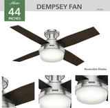 Hunter Fan Dempsey Low Profile Ceiling Fans with Lights and Remote, Flush Mount Ceiling Fan with Lights, Metal, Brushed Nickel Finish, 44 Inch LED Hunter