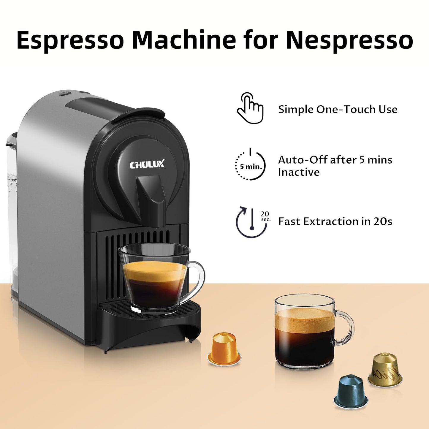 CHULUX Bafè-Pro Espresso Machine, Mini Espresso Machine for Nespresso Original Capsules, Single Serve Coffee Machine for Home Espresso & Lungo Maker, Italian ODE 20 Bar Pump, Metallic Gray