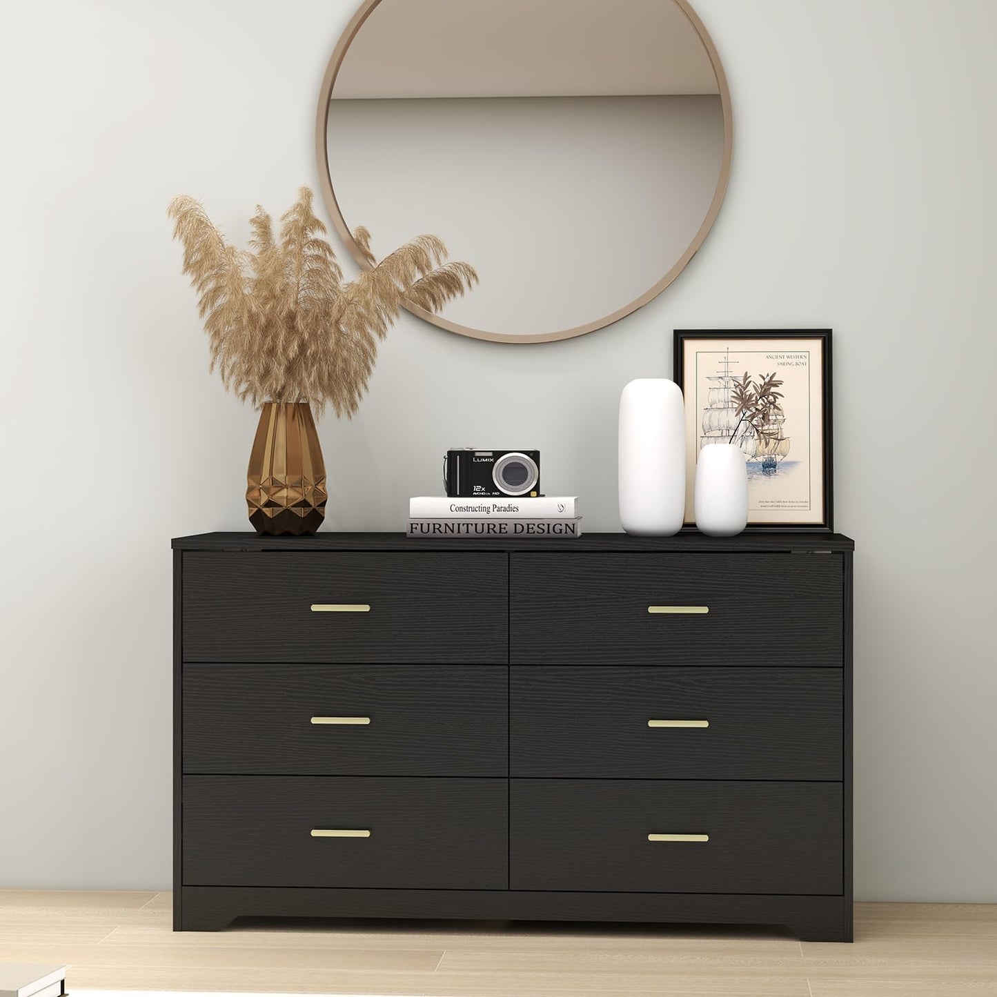 Modern 6 Drawer Wood Dresser, Wood Lateral Chest of Drawers Storage Organizer with Wide Drawers & Metal Gold Handles for Bedroom, Living Room, Hallway, Entryway - WoodArtSupply