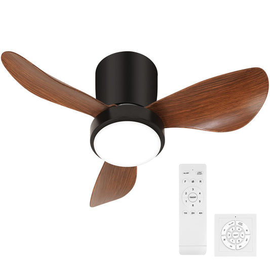 OKELI 24 inch Ceiling Fan, Ceiling Fans with Lights and Remote, Small Ceiling Fan Reversible for Bedroom, Ceiling Fans with Lights Flush Mount, Use for Indoor/Outdoor Fan【Black & Wood】