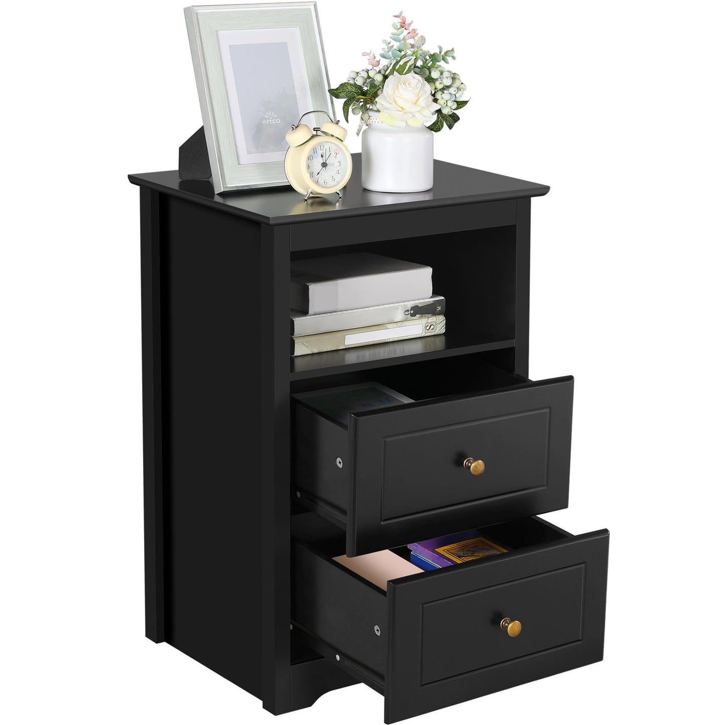 Yaheetech Tall Nightstand with 2 Drawer and 1 Cubby, 29" High Bedside Table Wooden Storage Cabinet Bed Side Table with Drawer for Bedroom Home Office, Black