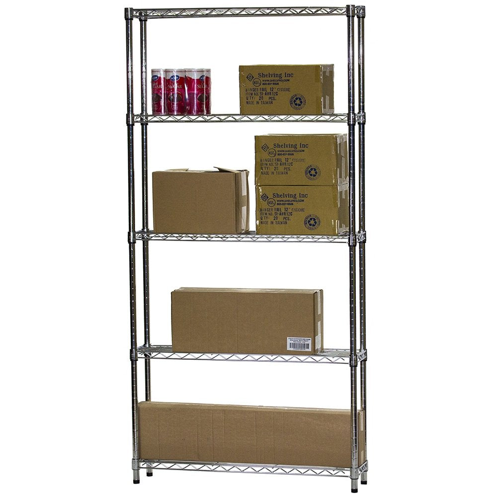 Shelving Inc. 8" d x 36" w x 84" h Chrome Wire Shelving with 5 Tier Shelves, Weight Capacity 800lbs Per Shelf