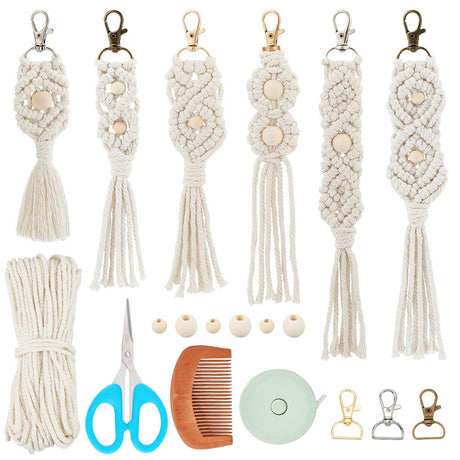 INFUNLY 6PCS Boho White Macrame Keychain Kit Adult DIY Keychain Making Kit Wood Beaded Keychains with Tassel Key Ring for Women for Key Handbags Backpacks Instructions Include INFUNLY