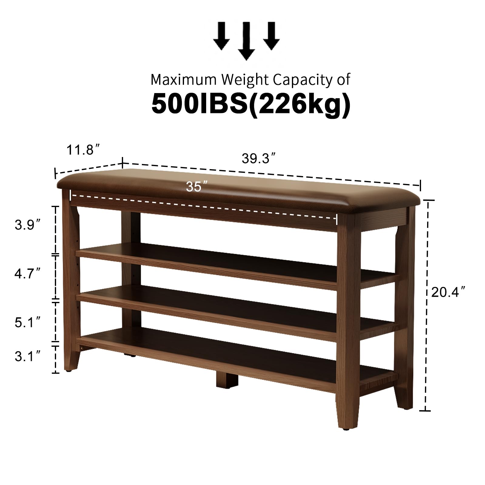 KASLANDI Shoe Bench with Leather Cushion, 3 Tiers Shoe Storage Bench Height Adjustable, Walnut Wood Entryway Bench for Hallway, Mudroom - WoodArtSupply