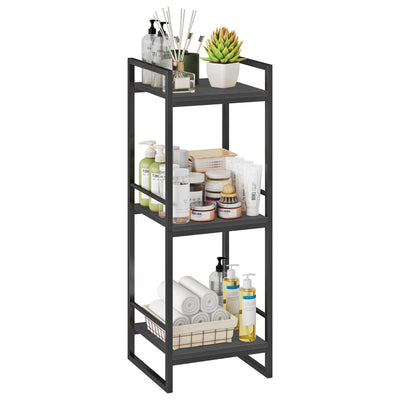BYFU 3 Tier Bathroom Shelving Unit, Narrow Open Floor Shelves, Metal Corner Storage Rack for Bathroom Laundry Room Kitchen Living Room, Black