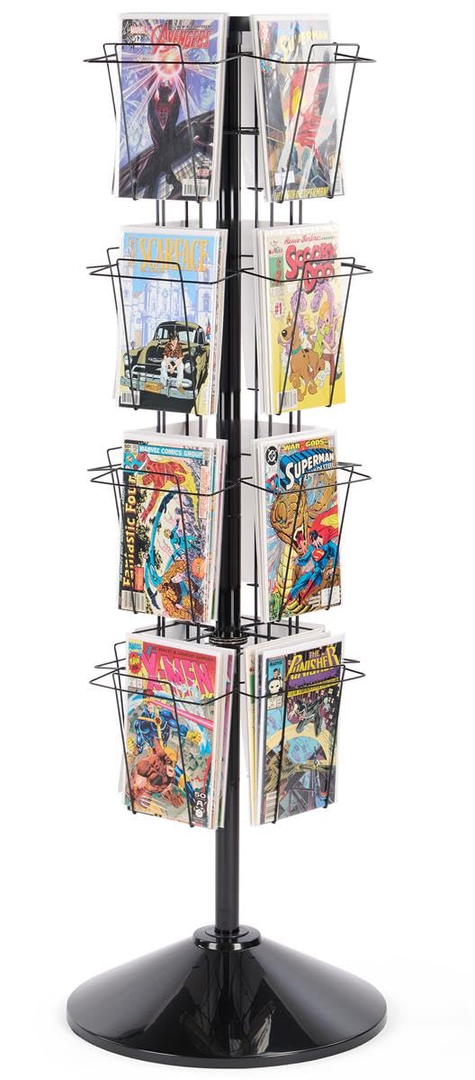 Displays2go 59" Tall Metal Wire Rotating Magazine Rack with 16 Pocket and Sign Holder - Black (WSFM416PB) Displays2go