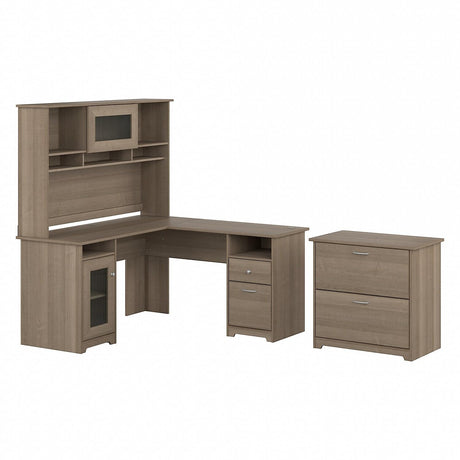 Bush Furniture Cabot 60W L Shaped Computer Desk with Hutch and Lateral File Cabinet in Ash Gray Bush Business Furniture