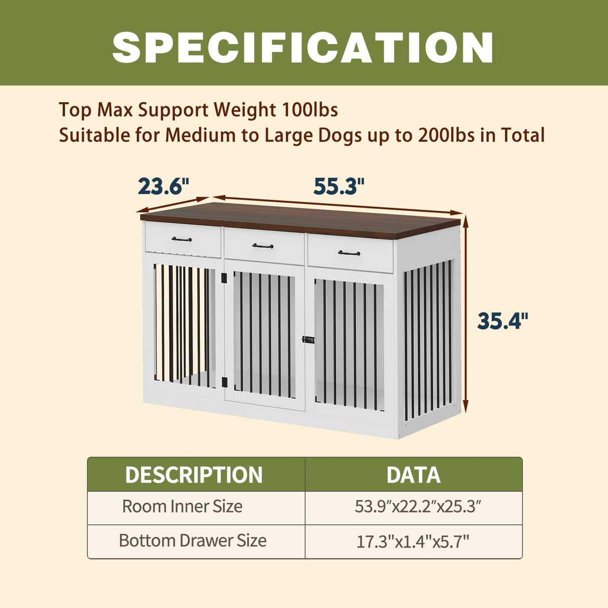DAWNSPACES Extra Large Dog Crate Furniture with 3 Drawers, 55.3" Indoor Heavy Duty Dog Kennel House, Furniture Style Dog Crate Side End Table TV Stand for XL Large Medium Breed Dogs, White DAWNSPACES