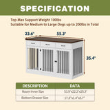 DAWNSPACES Extra Large Dog Crate Furniture with 3 Drawers, 55.3" Indoor Heavy Duty Dog Kennel House, Furniture Style Dog Crate Side End Table TV Stand for XL Large Medium Breed Dogs, White DAWNSPACES