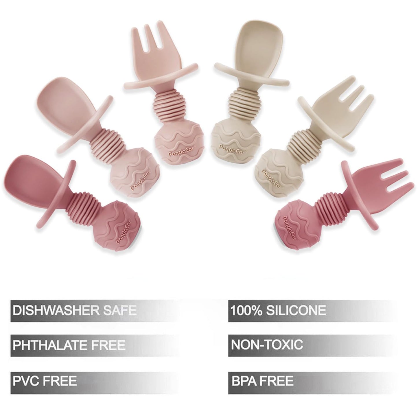 PandaEar 6 Pack Silicone Baby Spoons and Fork Feeding Set- Anti-Choke First Self Feeding Utensils for Baby Led Weaning Ages 3 Months -Pink