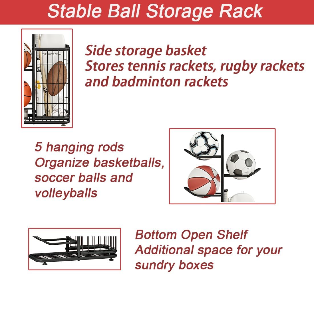 INGIORDAR Basketball Ball Storage Rack Freestanding Organizer Sport Equipment Garage Stand 6 Tier for Football Volleyball Soccer Indoor Outdoor, Black INGIORDAR