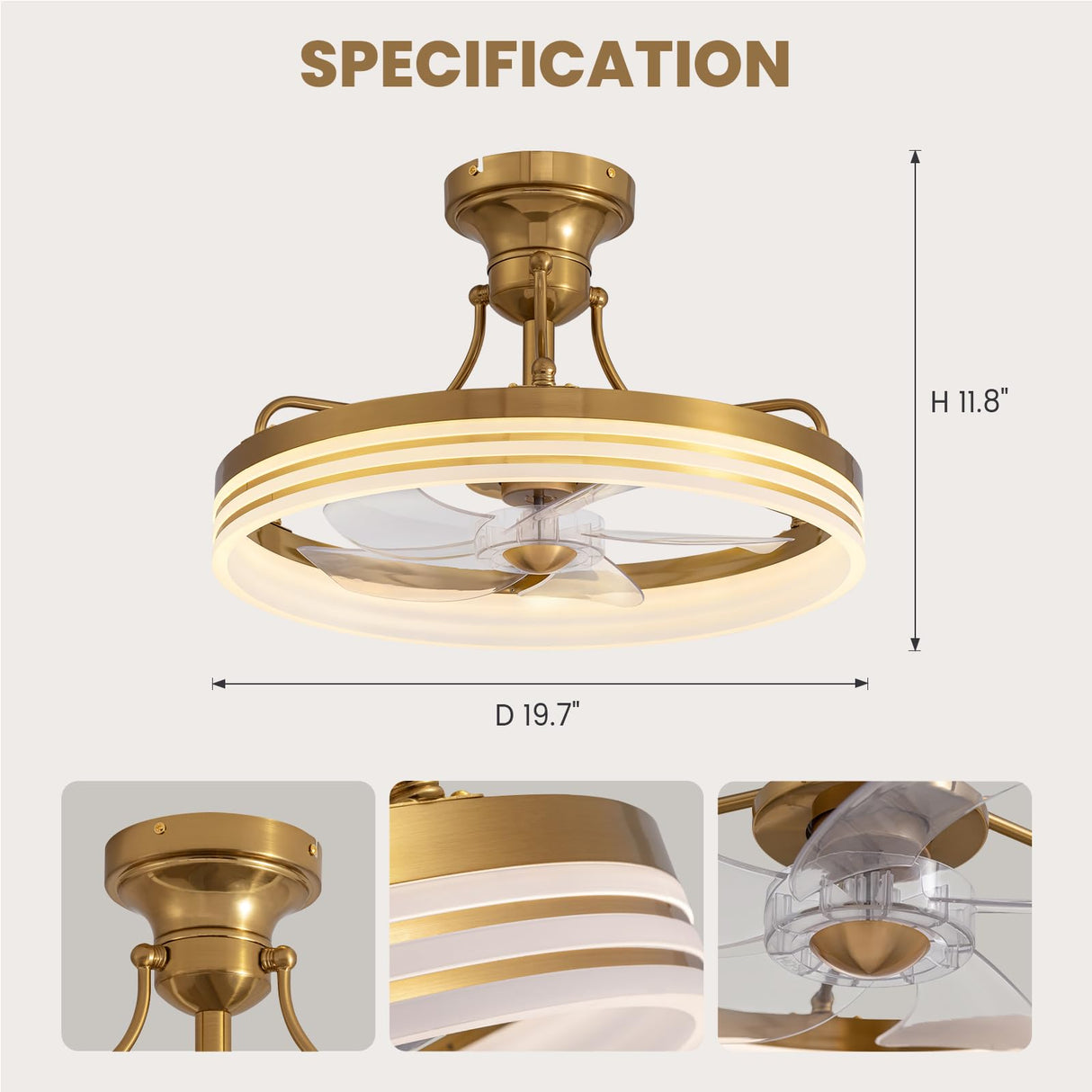 Moooni 20" Ceiling Fan with Light Remote Control Gold Ceiling Fan with Light, 6 Wind Speeds Flush Mount Fandelier, Low Profile LED Ceiling Fan, Modern Ceiling Fan for Bedroom Living Room Kitchen Moooni