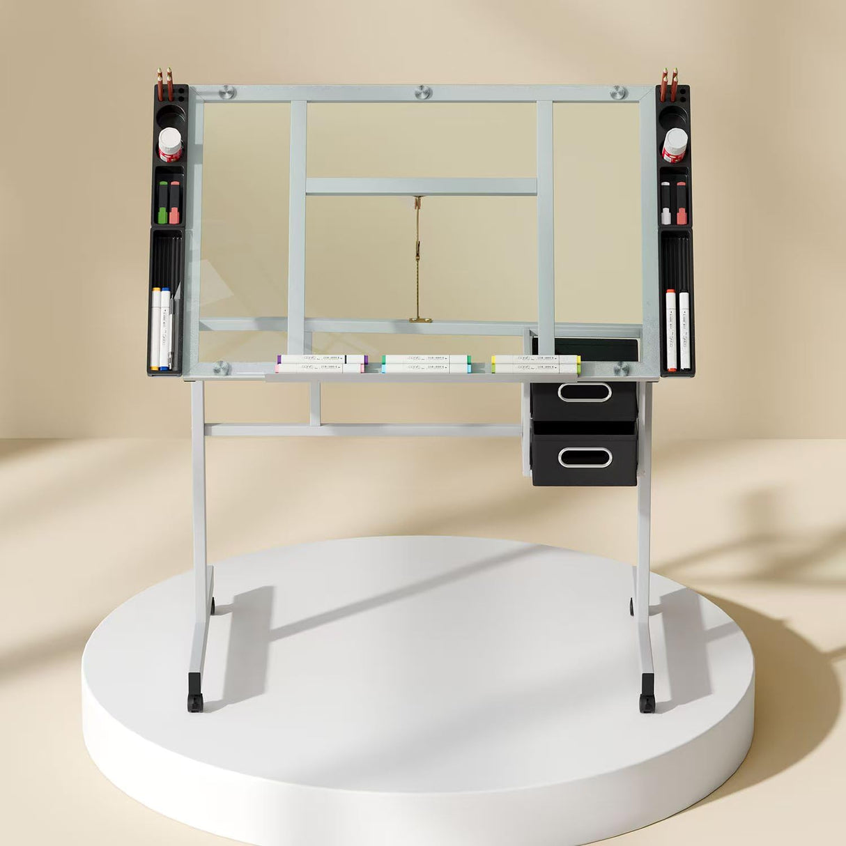 OS MOTOR Adjustable Drafting Table with Glass Top, Art Craft Desk with Slide-Out Drawers, Rolling Wheels, Storage, for Drawing, Writing, Painting, and Creative Tasks, Ideal for Home Office OS MOTOR