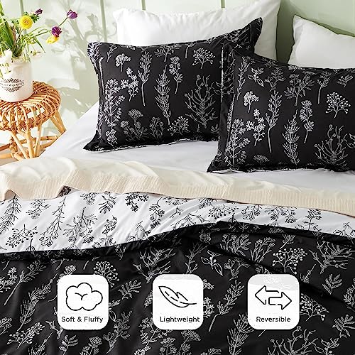 Bedsure Full Comforter Set - Black Bed Set, 3 Pieces Cute Floral Bedding, 1 Soft Reversible Botanical Flowers Comforter and 2 Pillow Shams Bedsure