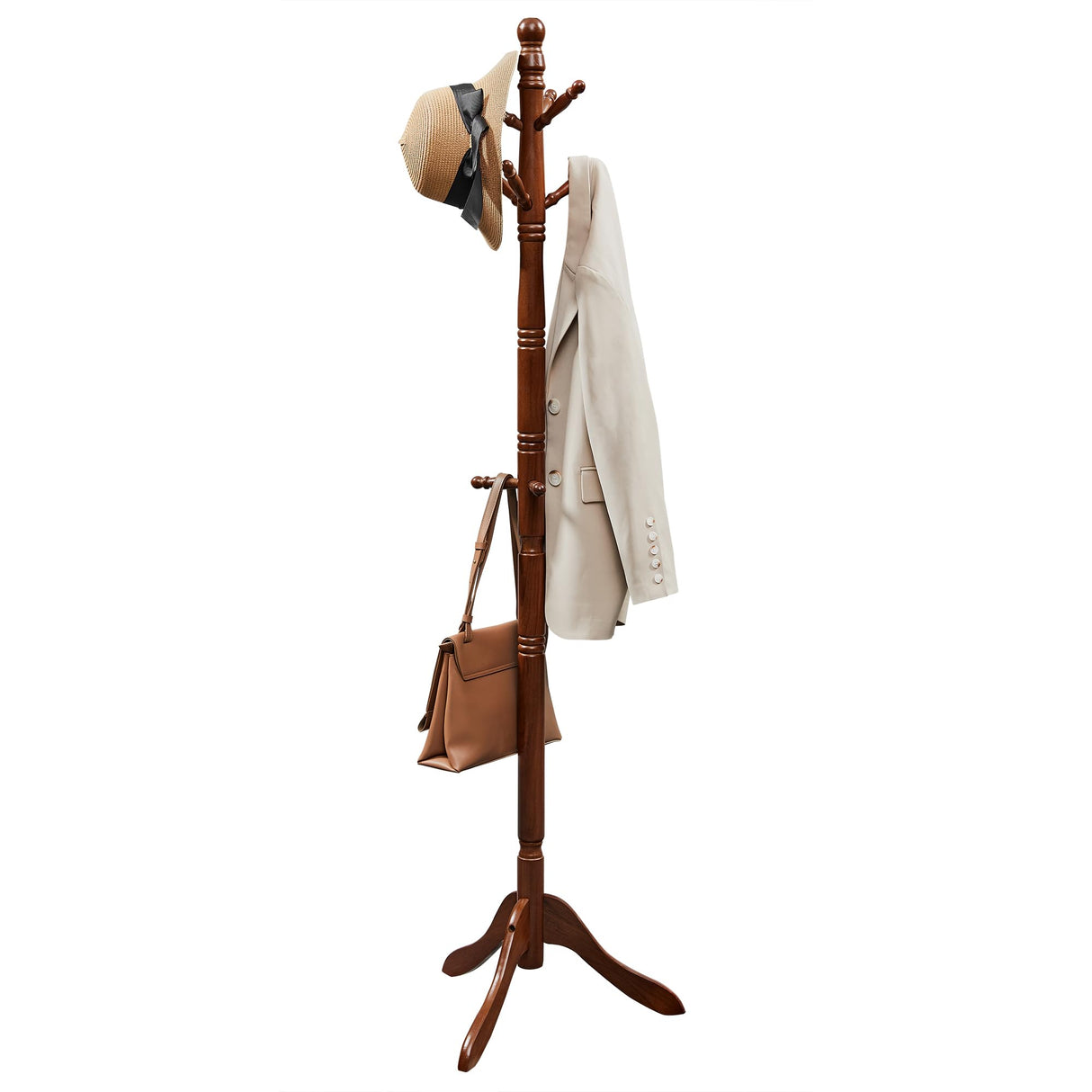 VASAGLE Solid Wood Coat Rack and Stand, Free Standing Hall Coat Tree with 10 Hooks for Hats, Bags, Purses, for Entryway, Hallway, Rubberwood, Dark VASAGLE